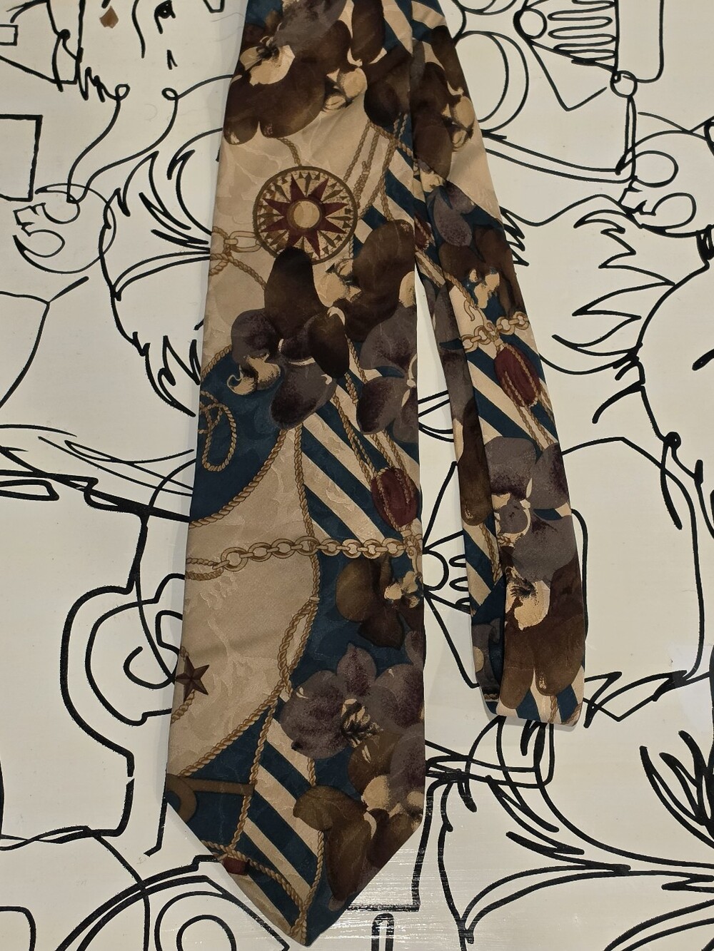 Vintage Paul Rodon Silk Tie Nautical Rope Floral Compass Striped Blue Gold 60"